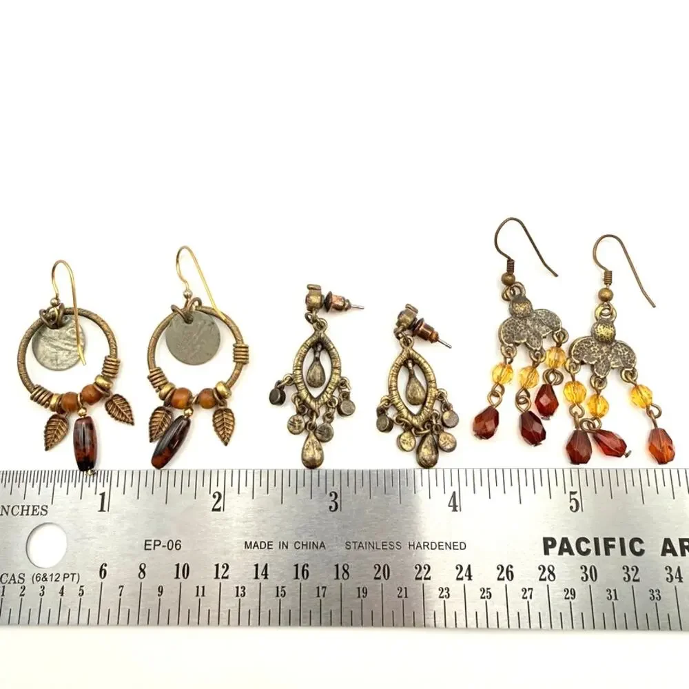 Lot of 3 Vintage Victorian Style Brass Boho Crystal Chandelier Dangle Earrings